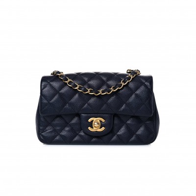 CHANEL CAVIAR QUILTED MINI RECTANGULAR FLAP NAVY GOLD HARDWARE (20.3*12.7*6.4cm)