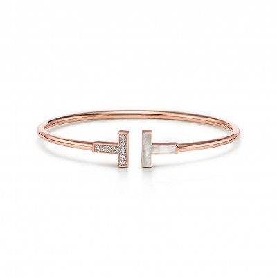 TIFFANY T WIRE BRACELET IN ROSE GOLD WITH DIAMONDS AND MOTHER-OF-PEARL